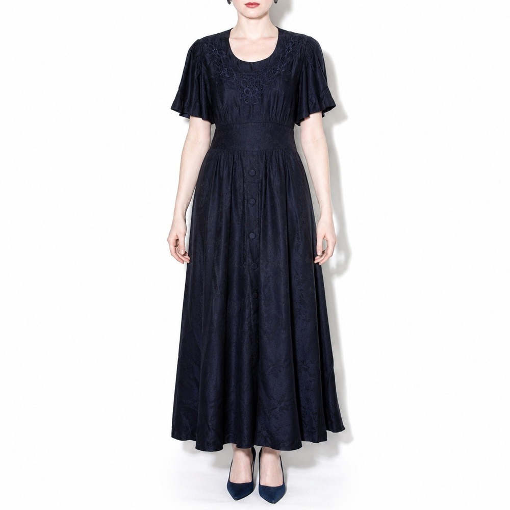 90s Vintage Lace Neck Floral Jacquard Midi Dress Women 14 Navy Blue Karin Steven